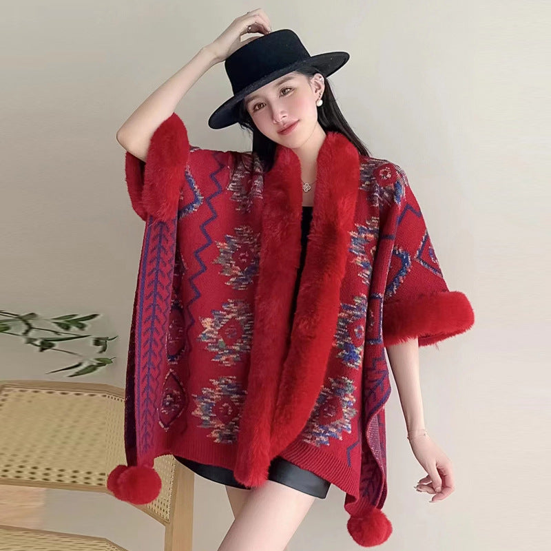 Wholesale Western Style Aztec Fur Ball Shawl Polyester Silk Cape Cape Cardigan Jacket